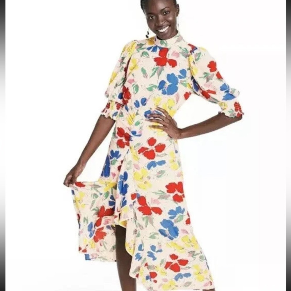 RIXO Floral Multicolor Mock Neck Cascade Ruffle Dress Size 8